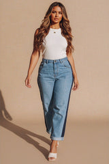 Light Blue Wash Contrast Side Stripe Mom Jeans – Bella