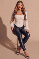 Nude Mesh Long Sleeve Corset Style Feather Cuff Detail Scoop Neck Top - Sam