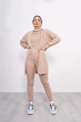 Dusty Pink Ribbed Knitted 3 Piece Loungewear Set-Jinet