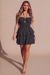 Black Polka Dot Tiered Frill Halterneck Mini Dress- Joyna