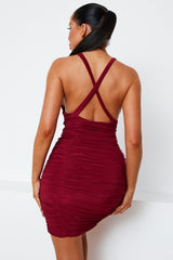 Wine Slinky Ruched Plunge Bodycon Mini Dress - Azaria