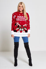 Red Merry Christmas Reindeer Pom Pom Jumper – Poplyn