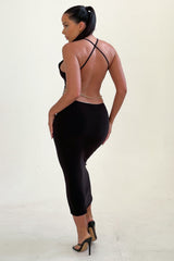 Black Cross Over Back Cut Out Gold Chain Detail Midi Dress - Indie