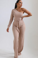 Beige One Shoulder Belted Wide Leg Jumpsuit - Evelyn