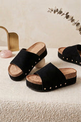Black Faux Suede Stud Detail Platform Slider Sandals - Gesito
