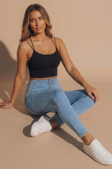 Light Blue High Waisted Button Detail Skinny Jeans – Mia