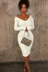 Cream Ribbed V Neck Midi Jumper Dress - Ivy