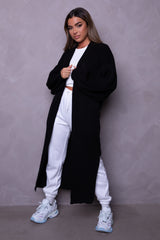 Black Knitted Balloon Sleeve Side Split Longline Midi Cardigan- Emmy