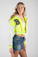 Neon Green Hooded Varsity Jacket with Contrast Sleeves-Honon