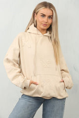 Beige Oversized Crucifix Cross Embroidered Hoodie - Ronisa