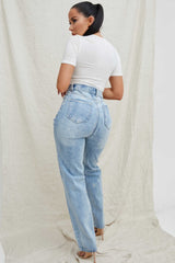 Blue Light Wash High Waisted Ripped Straight Leg Jeans - Eyana