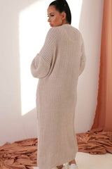 Stone Longline Rib Knitted Balloon Sleeve Pocket Detail Maxi Cardigan - Thea
