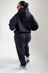 Black Oversized Front Pocket Pullover Hoodie Cuffed Joggers Loungewear Set - Alexia
