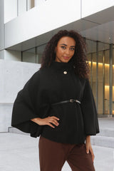 Black Belted High Neck Cape Coat - Vivienne