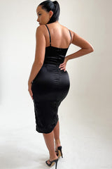 Black Satin Side Split Midi Dress - Daphne