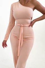 Nude Belted One Shoulder Jumpsuit - Evelyn
