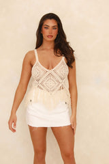 Cream Strappy Fringe Crochet Crop Top - Véronique
