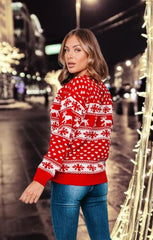 Red Reindeer And Snowflake Print Long Sleeve Knit Christmas Jumper - Holly