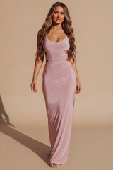 Dusty Pink Slinky Cut Out Strappy Side Split Bodycon Maxi Dress - Tova