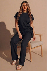 Black Tie Side Relaxed Fit Top And Wide Leg Trousers - Cheese