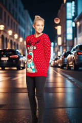 Red Polka Dot Reindeer Pom Pom Christmas Knit Jumper- Kinnse