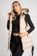 Beige High Neck Zip Up Sleeveless Hooded Padded Midi Gilet - Kenley