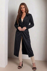 Black Faux Suede Belted Longline Trench Coat-Velmira