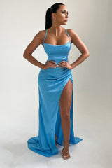 Sky Blue Strappy Satin Side Split Maxi Dress - Karina