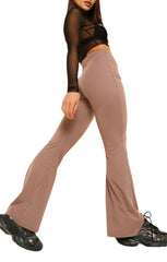 Mocha Wide Ribbed Basic Flared High Waist Fit Trousers- Clara