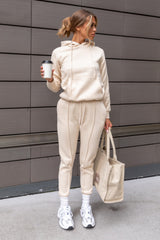 Cream Oversized Hoodie & High Waisted Seam Front Cuffed Joggers Loungewear Set - Martha