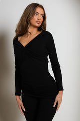 Black Rib Off The Shoulder V Front V Back Long Sleeve Top - Everly