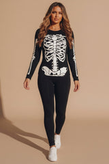 Black Petite Halloween Skeleton Long Sleeve Print T-Shirt Dress- Haina