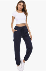Navy Drawstring Waist Pocket Detail Cuffed Cargo Joggers - Sienna
