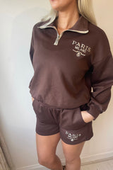 Chocolate Brown Zip Neck Sweatshirt and Short Paris Milano Print Co ord Loungewear Set - Celestara