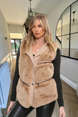 Camel PU Faux Leather Faux Fur Gilet - Liana
