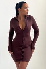 Chocolate Ribbed Long Sleeve Button Up Bodycon Mini Shirt Dress - Steph