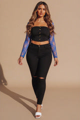 Black Slit Knee Skinny Ripped Five Pocket Detail Jeans- Sylah