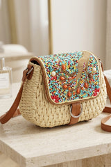 Beige Woven Beaded Flap Crossbody Bag - Wyaba