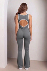 Charcoal Cut Out Back Piped Edging Flared Jumpsuit - Debra