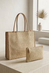 Beige Woven Tote Bag With Matching Zip Pouch-Hyon