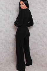 Black Slinky Wide Leg Plunge Jumpsuit - Gemma