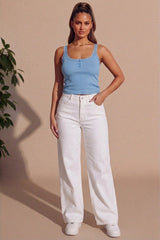 Sky Blue Ribbed Lace Trim Button Front Vest Top - Vlara