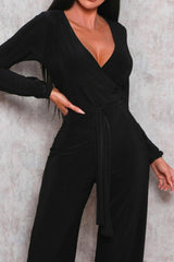 Black Slinky Wide Leg Plunge Jumpsuit - Gemma