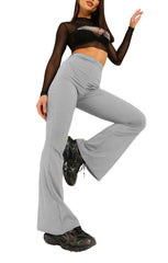 Grey Wide Ribbed Basic Flared High Waist Fit Trousers- Clara