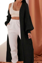 Black Longline Rib Knitted Balloon Sleeve Pocket Detail Maxi Cardigan - Thea