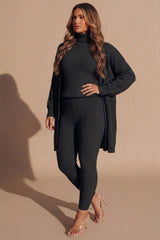 Black Ribbed Knitted 3 Piece Loungewear Set-Jinet