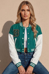 Emerald Varsity Slogan Contrast Sleeve Bomber - Hallie