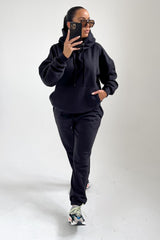 Black Oversized Front Pocket Pullover Hoodie Cuffed Joggers Loungewear Set - Alexia
