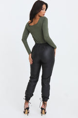 Khaki Scoop Neck Long Sleeve Soft Touch Fitted Bodysuit - Emma