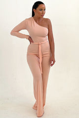 Nude Belted One Shoulder Jumpsuit - Evelyn